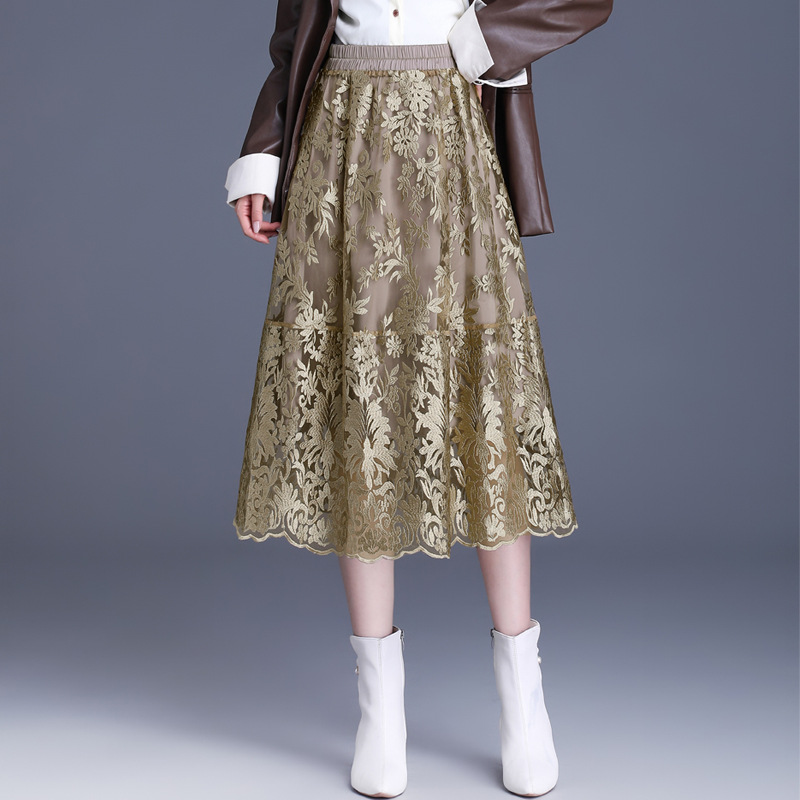 优雅刺绣A字裙女2023秋季新款松紧腰显瘦时尚感百搭中长款半身裙