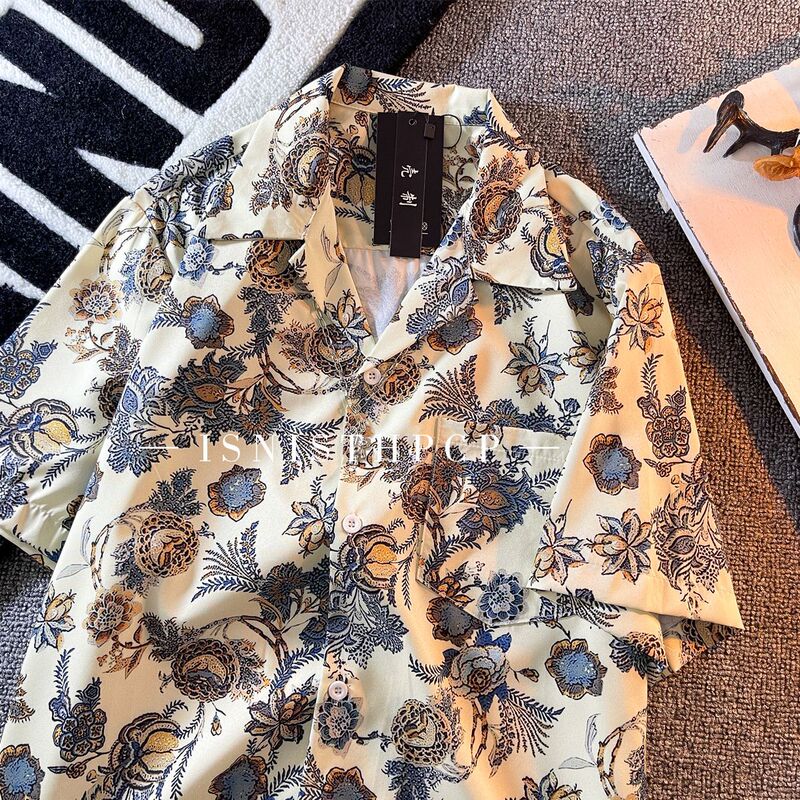 Hong Kong Style Vintage Cuban Summer Y-Shirt Men's Short-Sleeve Retro Shirt Japanese Style Floral American Loose Fit