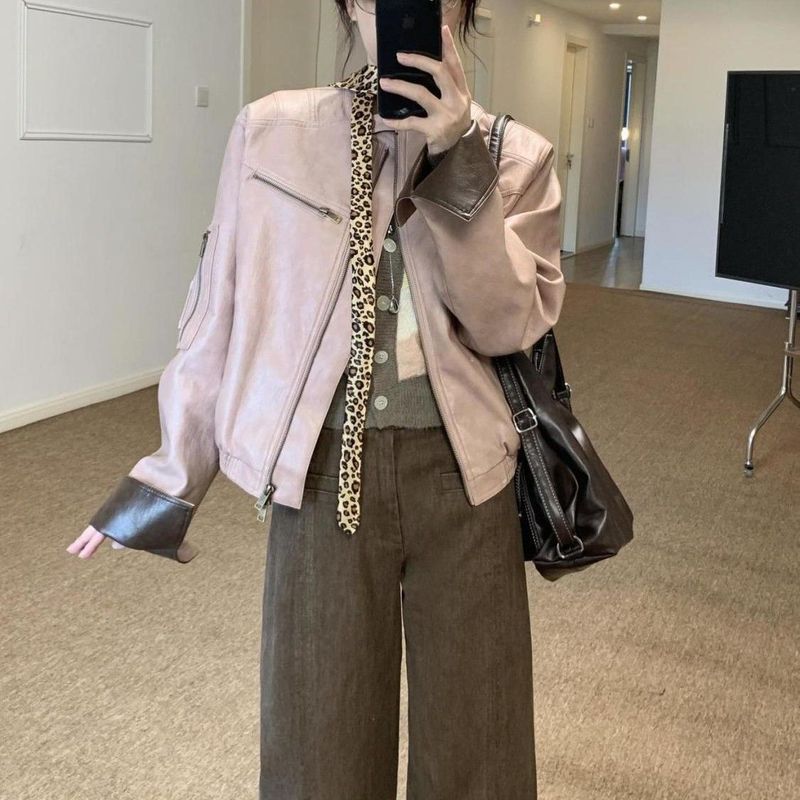 美式复古酷飒风撞色pu皮衣外套女秋季超好看廓形休闲夹克上衣|undefined