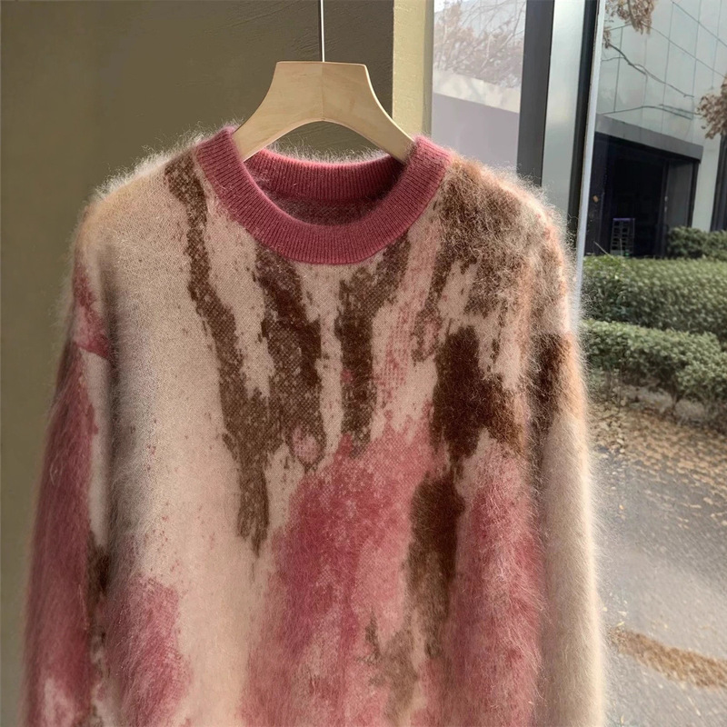 粉色仿马海毛套头毛衣女秋冬宽松慵懒风休闲百搭软糯加厚针织上衣|undefined