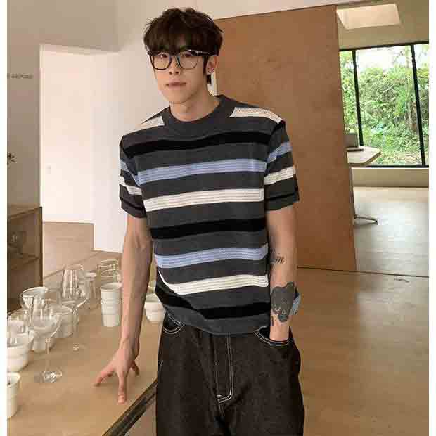 Camiseta de punto de manga corta camiseta de textura de hombres agujeros viejos negocios de hielo de verano fábrica transfronteriza mayorista