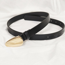 时尚金色金属椭圆鹅蛋弧形镜面按扣pu装饰细腰带搭配连衣裙衬衣