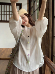 莉贝琳sisy国风系列珠玉小衫女新中式100苎麻七分袖宽松圆领上衣