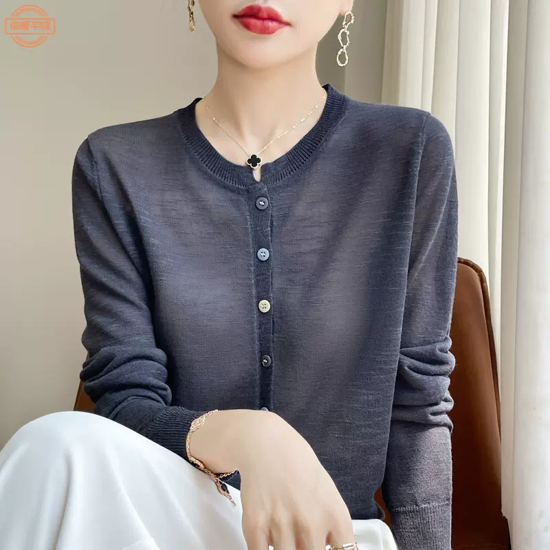 竹节麻防晒针织开衫女2024新款薄长袖彩扣上衣夏季宽松防晒外套