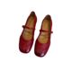 Sheepskin Version ~ Retro Round Toe Red Single Shoes Women's Shallow Mouth Buckle Belt Carved Leather Shoes Flat Mary Jane Shoes