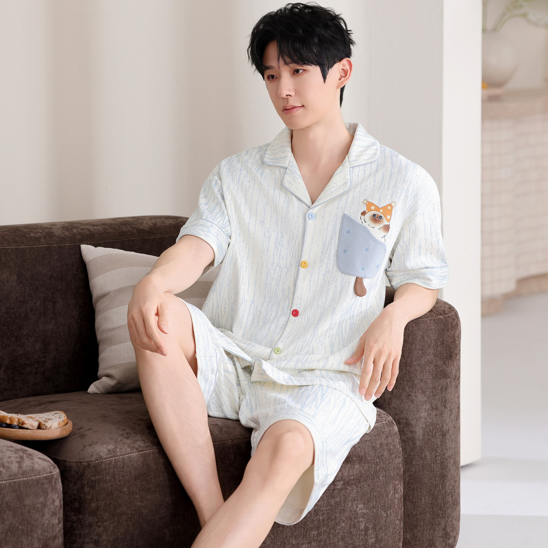 100% Pure Cotton Men's Pajamas 2026 Summer New Short-Sleeved Cardigan Set Cartoon Youth Loose Home Clothes