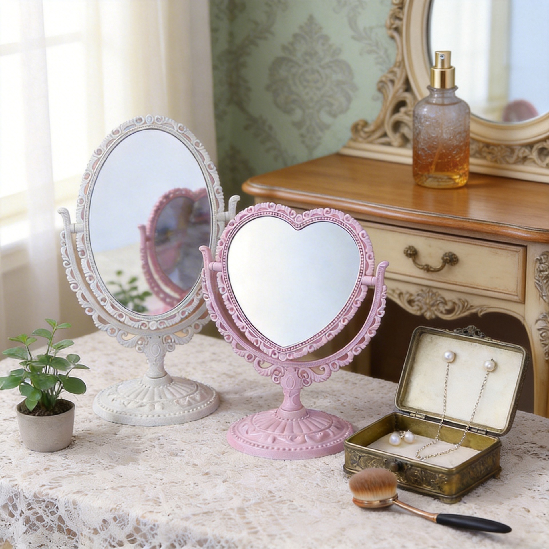 Espejo de tocador retro para dormitorio, espejo de mesa de estilo europeo, espejo de maquillaje redondo en forma de corazón para dormitorio, espejo vintage