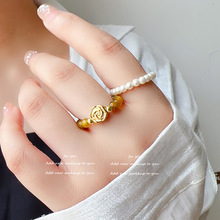 原创龙纹石玫瑰花弹力绳串珠戒指复古疏离感烟熏玫瑰叠戴指环批发