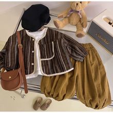 童装男女童2023新款外套洋气韩版春秋款棉麻条纹休闲裤俩件套