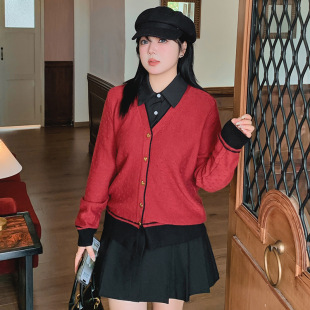 Plus Size Women's Polo Collar Fake Two-Piece Top 2025 Winter Fat mm Casual Versatile Knitwear Women's Knitwear 22770