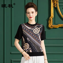 春夏桑蚕丝新款复古印花针织衫女圆领短袖T恤拼接薄上衣J62509