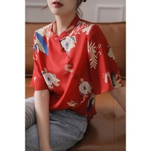中国风女装立领仿真丝衬衫女2025中式复古红色仿桑蚕丝旗袍式上衣