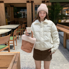 甜美竖条纹加厚棉服2025冬季美式复古保暖面包服棉衣上衣女