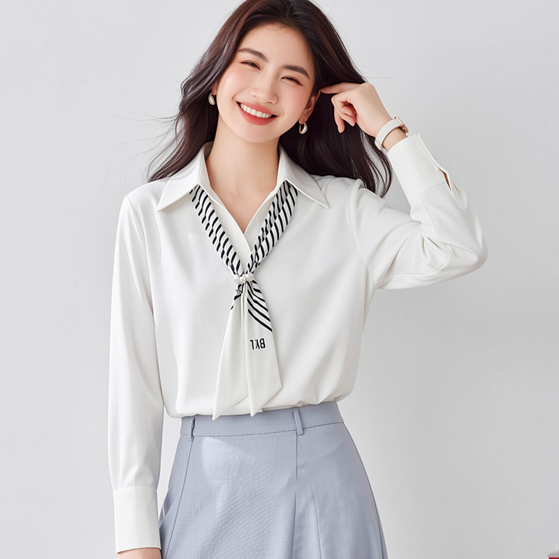 Real Shot of the 2026 New Style Elegant Lapel Silk Scarf Decorated Detachable Long-Sleeve Chiffon White Shirt for Women, Spring Thin Top