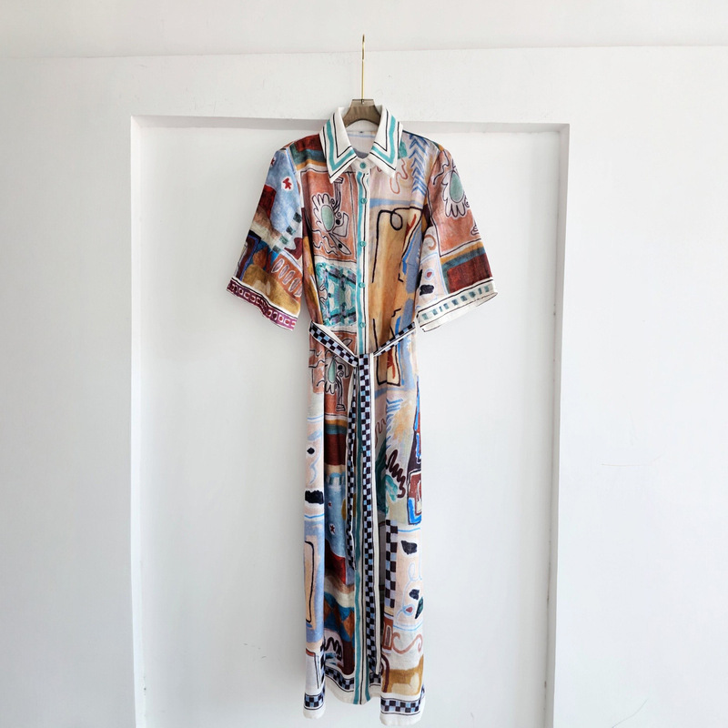 Light Luxury Resort Style Linen Graffiti Print Short-Sleeved Shirt Dress for Women Summer Lapel Waist-Cinching French Style Long Dress