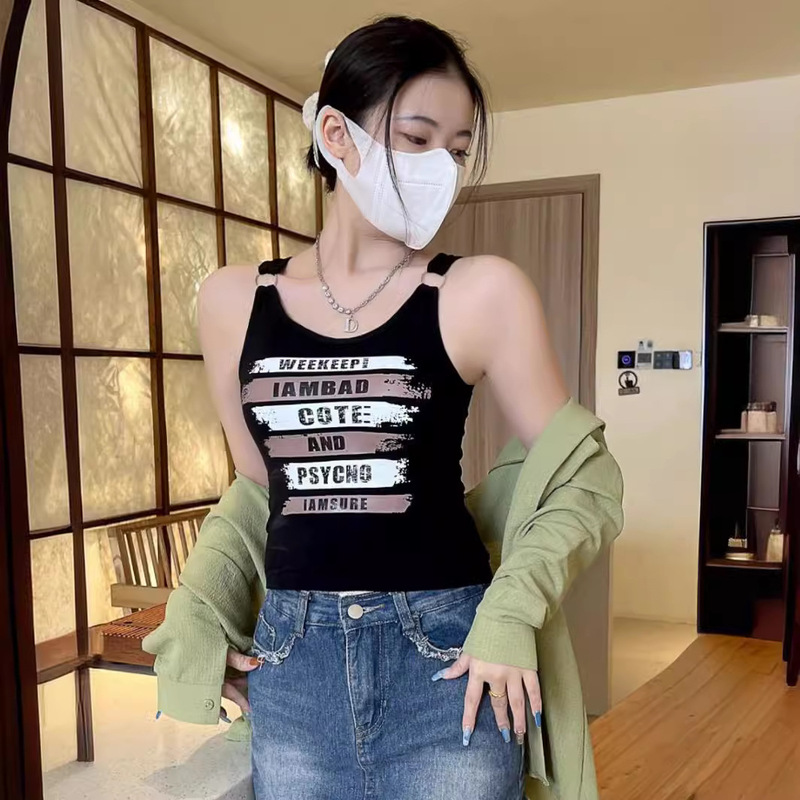 American Retro Hot Girl Contrast Color Letter Printed Camisole Women's Summer Design Easiest for Match Slim Sleeveless Top