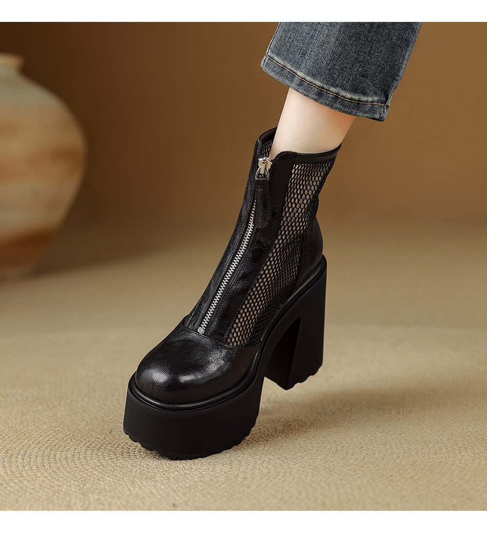Boot nữ đế dày cao gót lưới thoáng khí kéo khóa trước phong cách combat — màu đen chi tiết 9