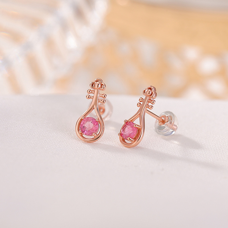 Bông tai nữ bạc S925 mạ vàng hồng đính tourmaline pipa hạt tròn phong cách Trung Hoa — Một cặp (màu tourmaline ngẫu nhiên)