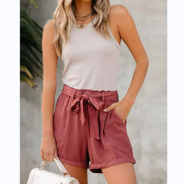 亚马逊wish爆款2024跨境欧美春夏秋女士口袋系带蝴蝶结休闲短裤