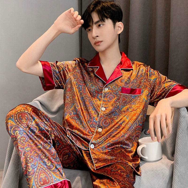 Summer pijama, men's silk thin trousers, set, with short sleeve, for teenagers