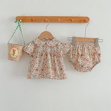 ins夏季婴幼儿童女宝宝花朵印花娃娃领短袖衫+裤子套装两件套