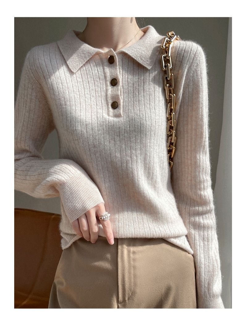 【 Cashmere Family】 Maglione corto in lana con collo polo, stile femminile, con strato interno lavorato a maglia, autunno/inverno_voghion.com