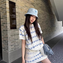 小香风甜妹设计感圆领提花上衣女装时髦高腰百搭显瘦针织短裙套装