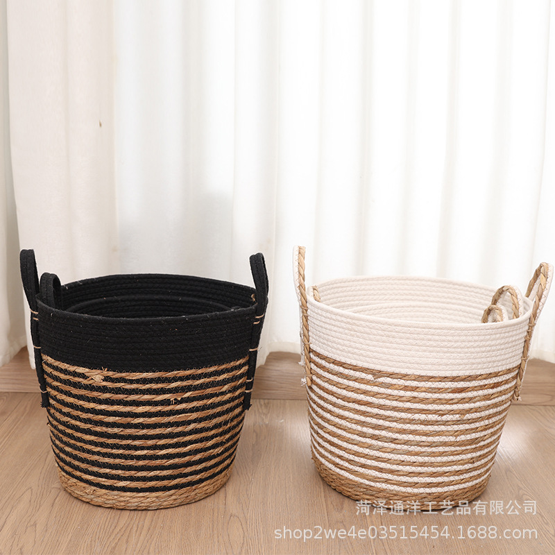 Spot cestas de almacenamiento de ropa sucia de doble oreja tejida de paja nórdica, macetas de plantas verdes, cestas decorativas, canastas de almacenamiento de artículos diversos para bocadillos de sala de estar