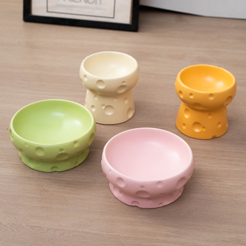 奶酪猫碗陶瓷猫食盆高脚粮碗水碗平口保护颈椎防打翻大口径小狗碗