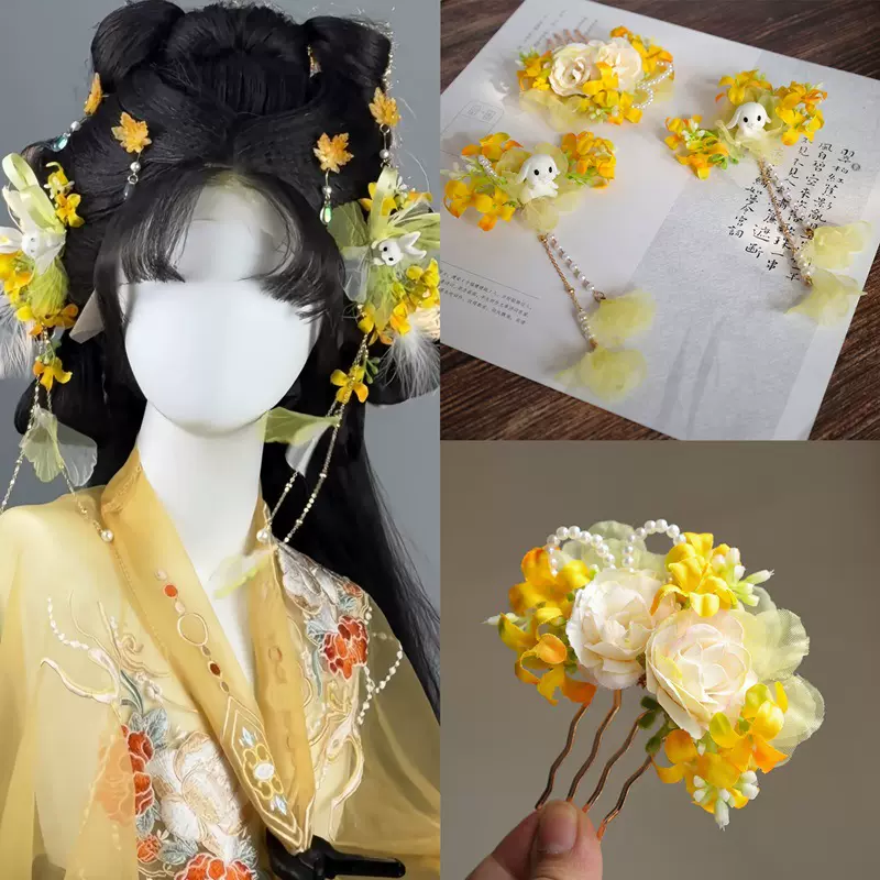 新款古风桂花兔子中秋发饰公主古装汉服发夹国风甜美儿童花朵头饰