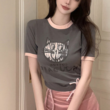 卡通字母印花绑绳短袖恤女韩版新款修身显瘦短款上衣潮