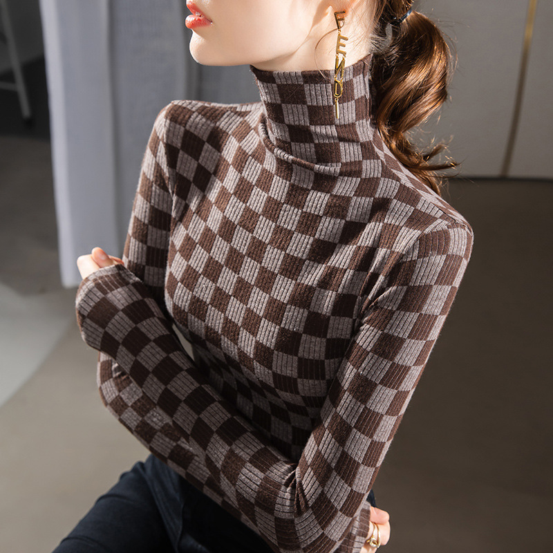 Camisa de mujer cuello alto cepillado 2022 nueva camiseta de manga larga estampada a cuadros de mujer cálida Cintura interior ajustada superior
