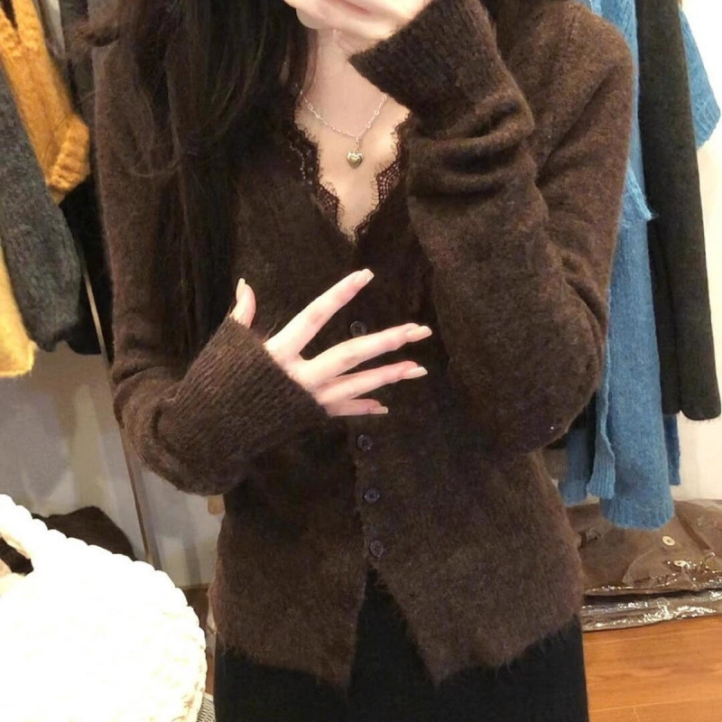 蕾丝花边领针织打底衫女秋冬款洋气内搭小衫高级感针织开衫上衣女|undefined