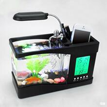 创意迷你鱼缸创意礼物 家居用品水族箱 笔筒时间闹钟日历LED台灯