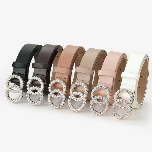Cross-border European and American double circle buckle inlaid with rhinestones sweet decorative dress women's belt fashion jeans belt