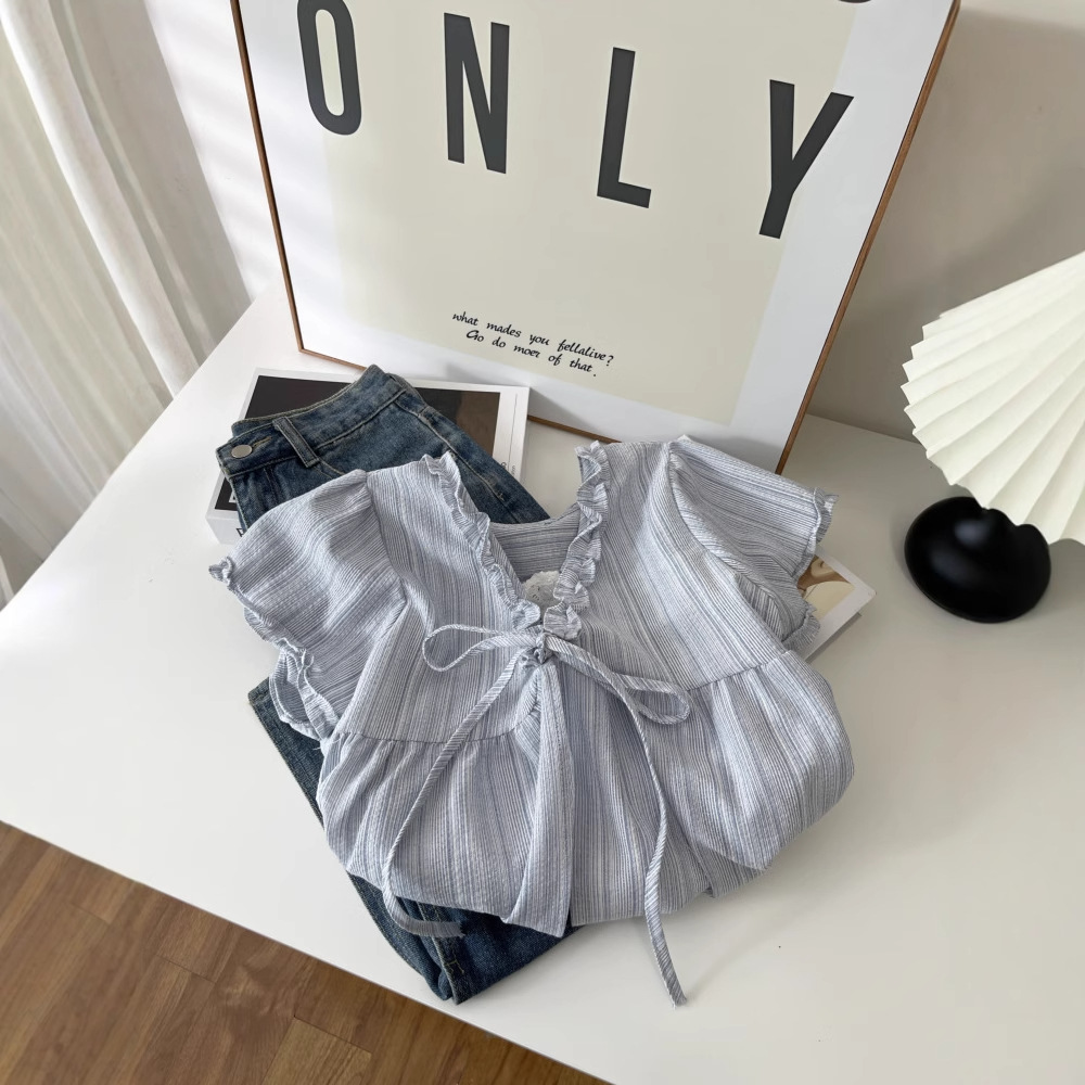 韩国东大门夏季2025竖纹韩版木耳边通勤显瘦娃娃短袖衬衫上衣5965