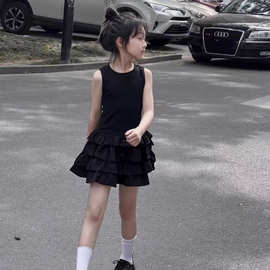女童棉夏季新款黑色连衣裙女孩夏季中大童色无袖背心蛋糕裙