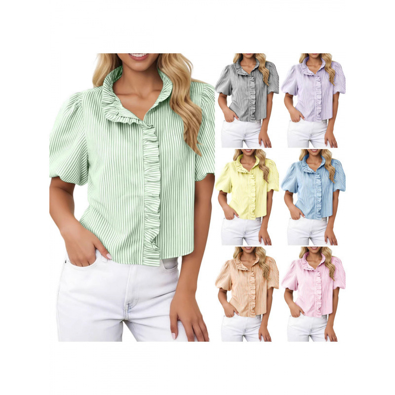 Striped Casual Yarn-Dyed Shirt for Women, Pleated Long-Sleeve Stand-Up Collar Loose Top, New European and American Cross-Border Women's Fashion Striped Casual Yarn-Dyed Shirt for Women, Pleated Long-Sleeve Stand-Up Collar Loose Top, New European and American Cross-Border Women's Fashion