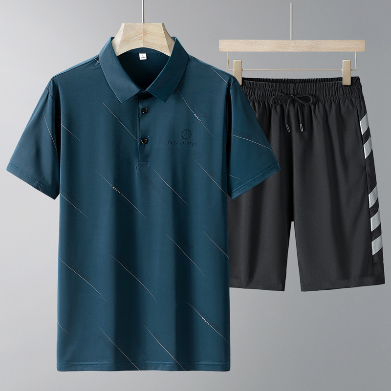 Verano papá traje casual hombre de mediana edad hielo solapa polo camisa hombre mangas cortas pantalones cortos secos rápidos hombre dos piezas set