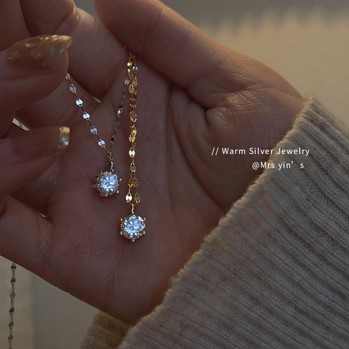 Korean version S925 sterling silver single diamond necklace women's design clavicle chain niche exquisite light luxury  new trend