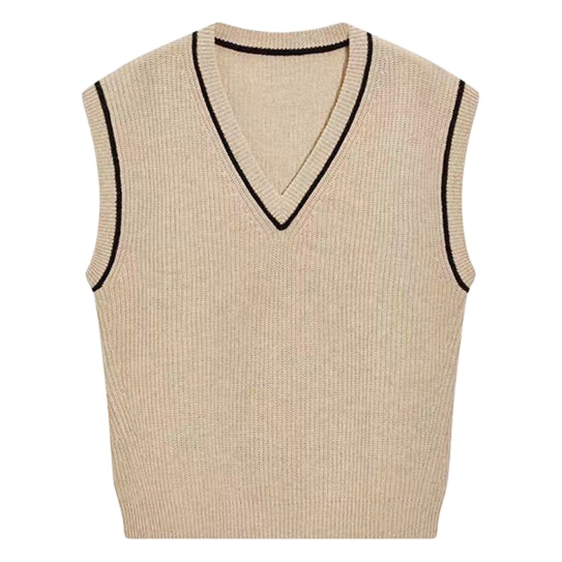 Tres temporadas pueden ser "apilados" albaricoque leche contraste de color recortar lana con cuello en V Chaleco de punto Chaleco de las mujeres de lana de viento flojo Perezoso