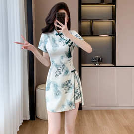 青春少女改良旗袍碎花缎面连衣裙女装2026新款水墨短裤裙裤两件套