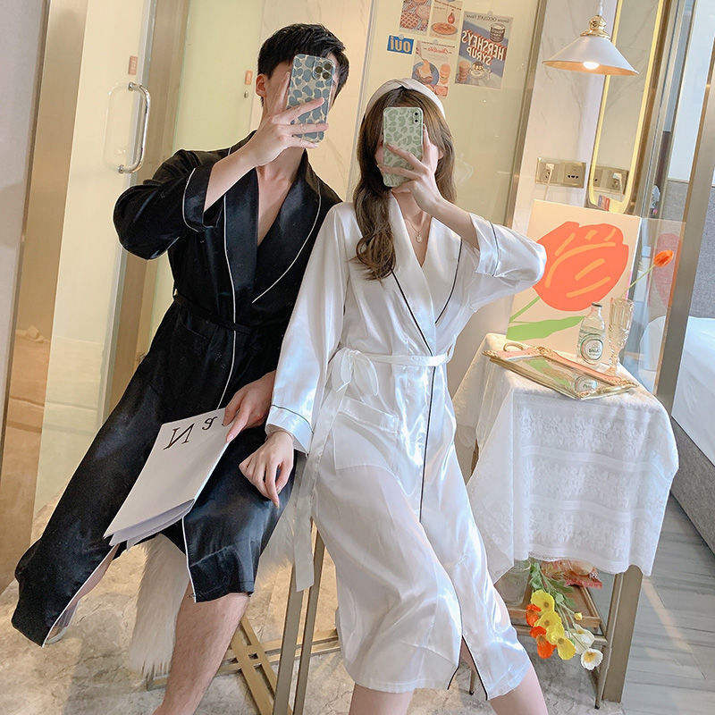 Couple Nightgown Women's Autumn and Winter Ice Silk Long-Sleeved Hotel Bathrobe Men's Large Size Loose Home Clothes Can Be Worn Outside