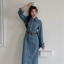 实拍2024春装新款牛仔裙连衣裙后开叉女直筒裙气质收腰显瘦长裙子