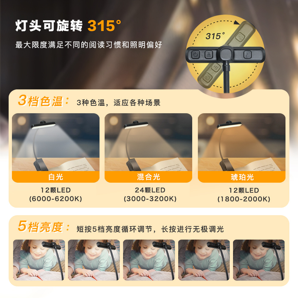 Nueva lámpara de lectura rotativa 24LED, lámpara de clip de libro de protección ocular, lámpara de mesa pequeña de carga USB, lámpara de clip de libro de larga duración transfronteriza