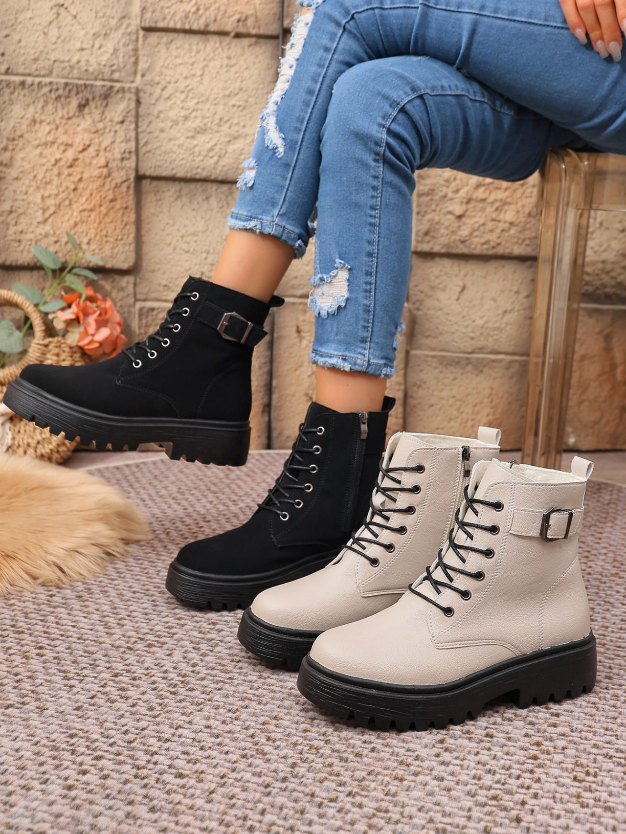 Women's Round Toe Ankle Boots With Side Zipper And Belt Buckle_voghion.com