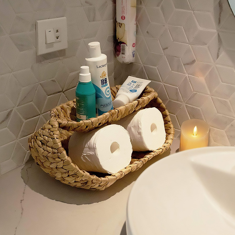 inswind mano de paja de doble capa cesta de frutas calabaza de agua tejida sala de estar baño artículos de baño estante