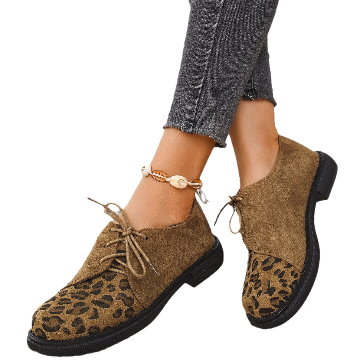 plus Size Women's Lace-Up Low Top Loafers Leopard Print Platform Chunky Heel Autumn Style Export Shoes_voghion.com