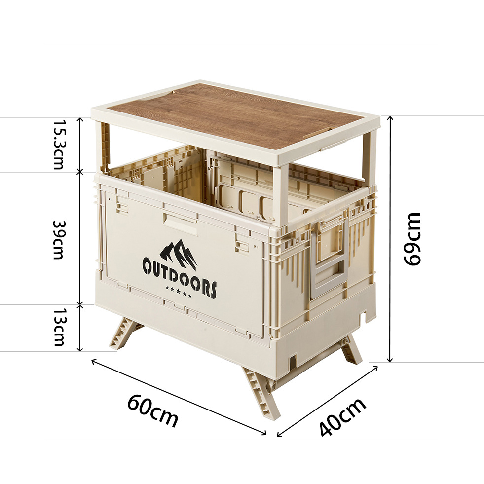 Caja de almacenamiento de camping al aire libre, mesa plegable multifuncional de gran capacidad, caja de almacenamiento con cubierta de madera para camping, caja de recolección de automóviles