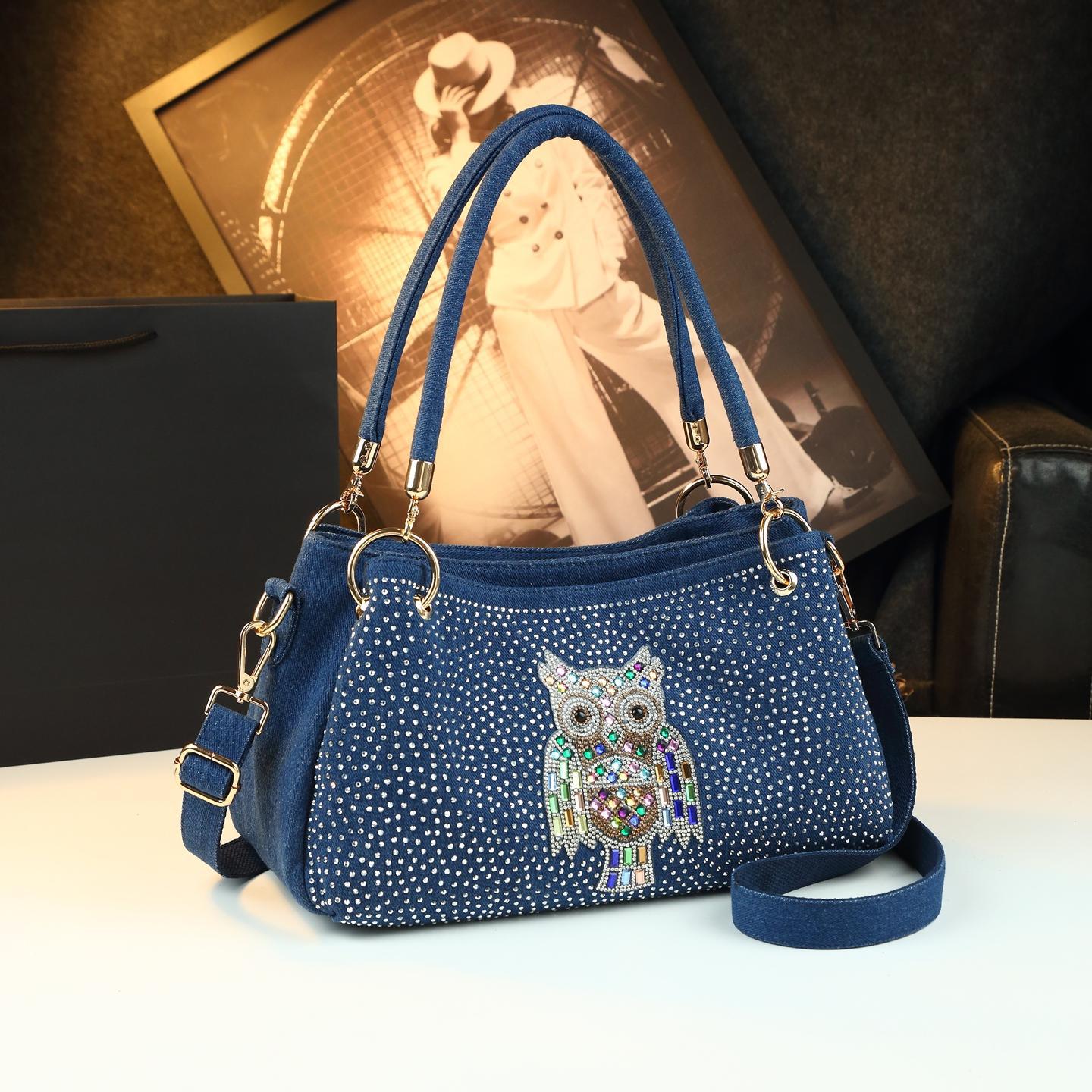 Túi đeo chéo nữ denim phong cách lang thang, thiết kế đính đá thời trang — Cao bồi Owl, Cao bồi trắng khoan, Ngôi sao năm cánh đen